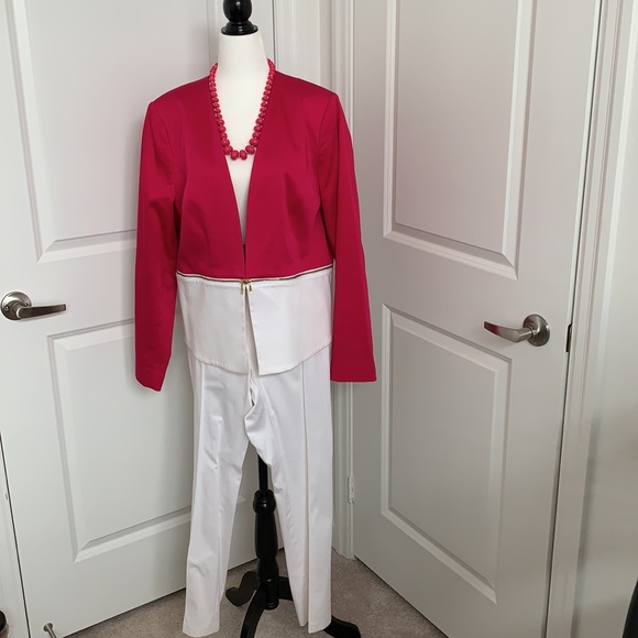 Two piece pant suit hot pink and white size 14 - Picture 2 of 6